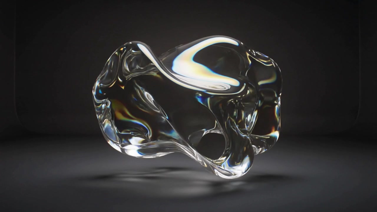 Morphing glass form starting droplet, rotating, hollowing in studio, catching soft light highlights