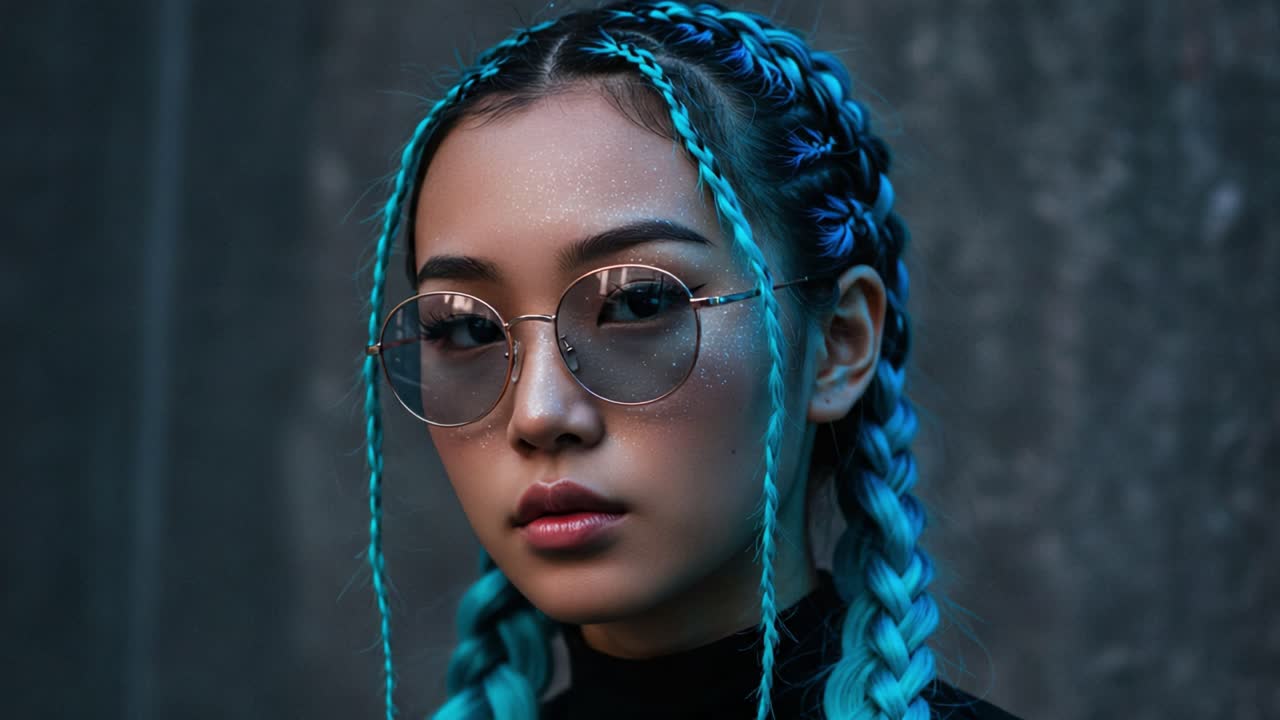 A Stylish Portrait of a Young Woman with Striking Blue Braids and Chic Sunglasses, Capturing the Essence of Contemporary Fashion and Individuality in Urban Settings