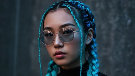 a stylish portrait of a young woman with striking blue braids and chic sunglasses, capturing the essence of contemporary fashion and individuality in urban settings