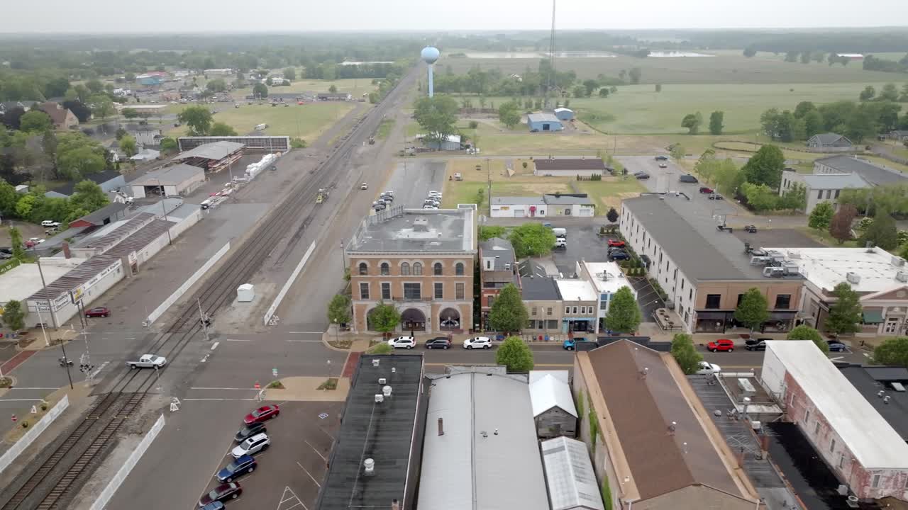 Downtown Three Oaks, Michigan with drone video moving sideways