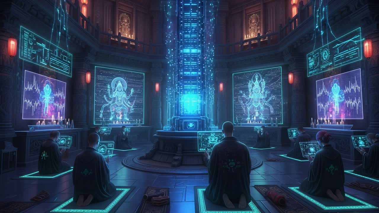 A group of individuals engaged in deep meditation within a technologically advanced chamber, surrounded by holographic displays and ethereal energy emanating from a central pillar