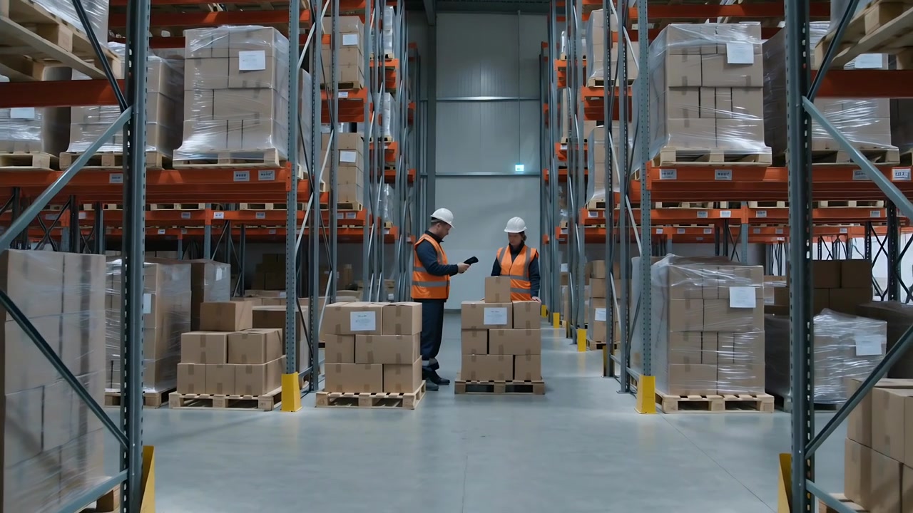 Operai che scansionano e controllano le etichette dei pallet per l'inventario in un corridoio con un tablet, indossando giubbotti di sicurezza e cappelli.