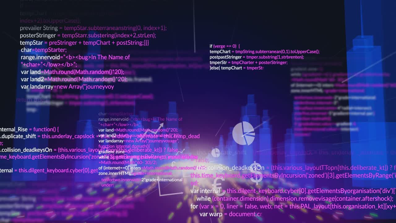 Animation of data processing and city on black background