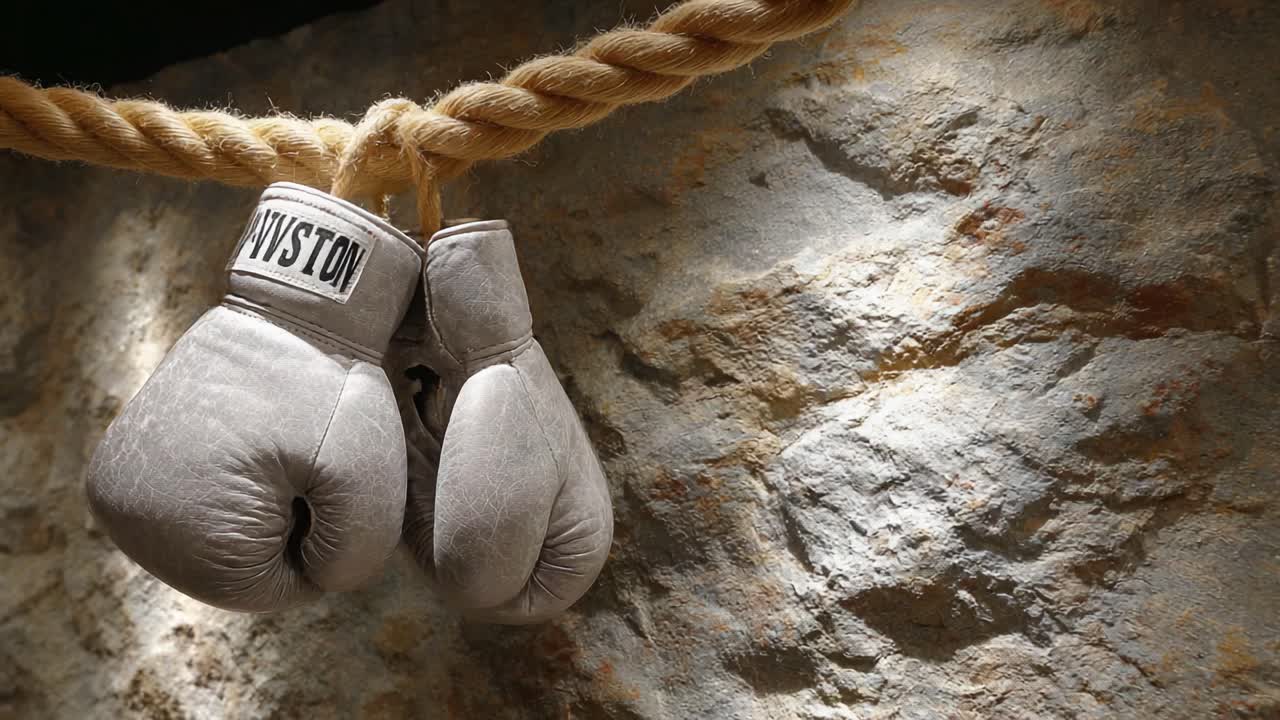 A Pair of Vintage Boxing Gloves Hanging on a Rope against a Textured Stone Wall, Capturing the Essence of Sports and Athleticism in a Unique Setting