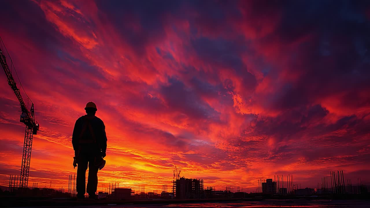 A Construction Worker Silhouetted Against a Stunning Sunset Sky, Capturing the Serenity and Beauty of Urban Development at Dusk