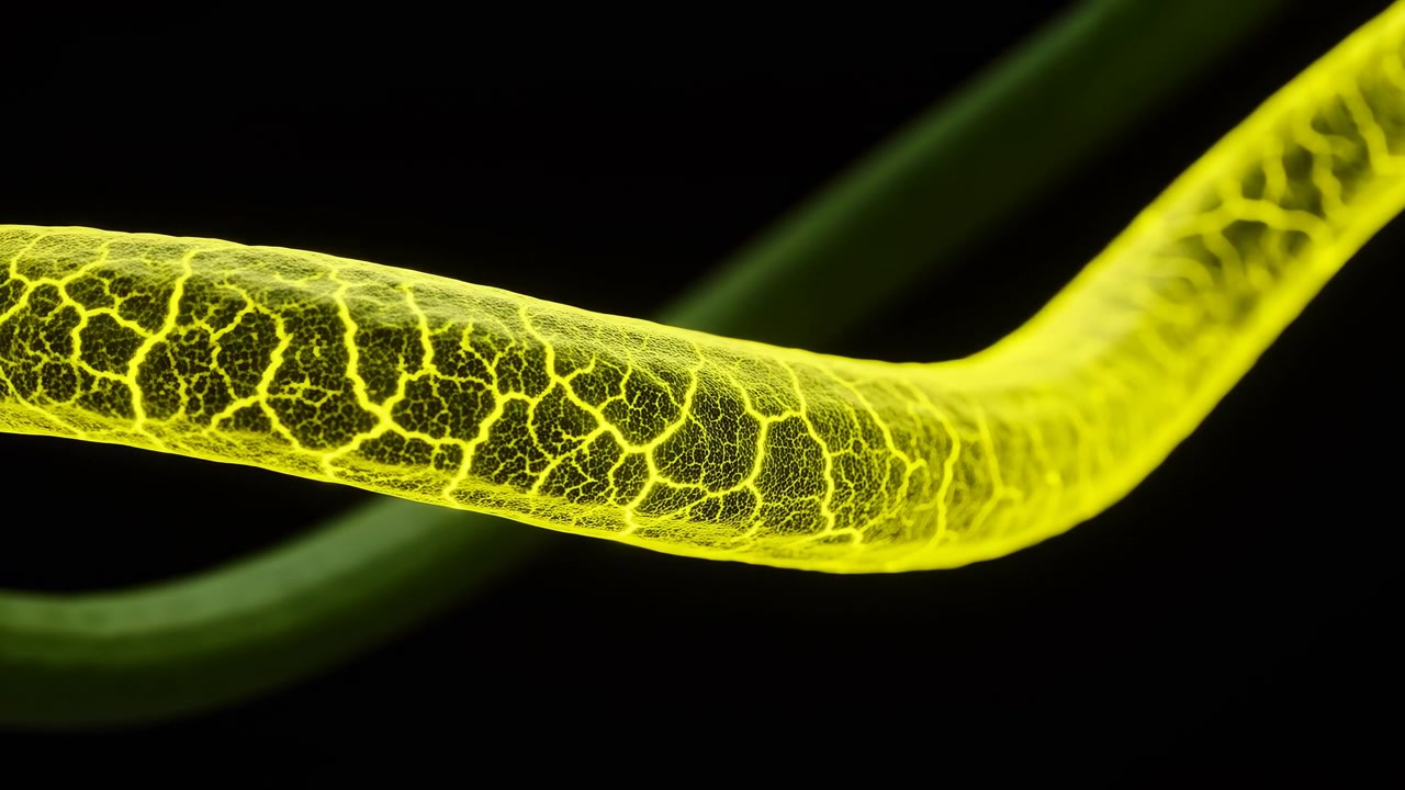 Primo piano di una vena o stelo di pianta verde-giallo luminoso che si estende su uno sfondo nero con una delicata texture ramificata, sfocatura di movimento morbida e forte