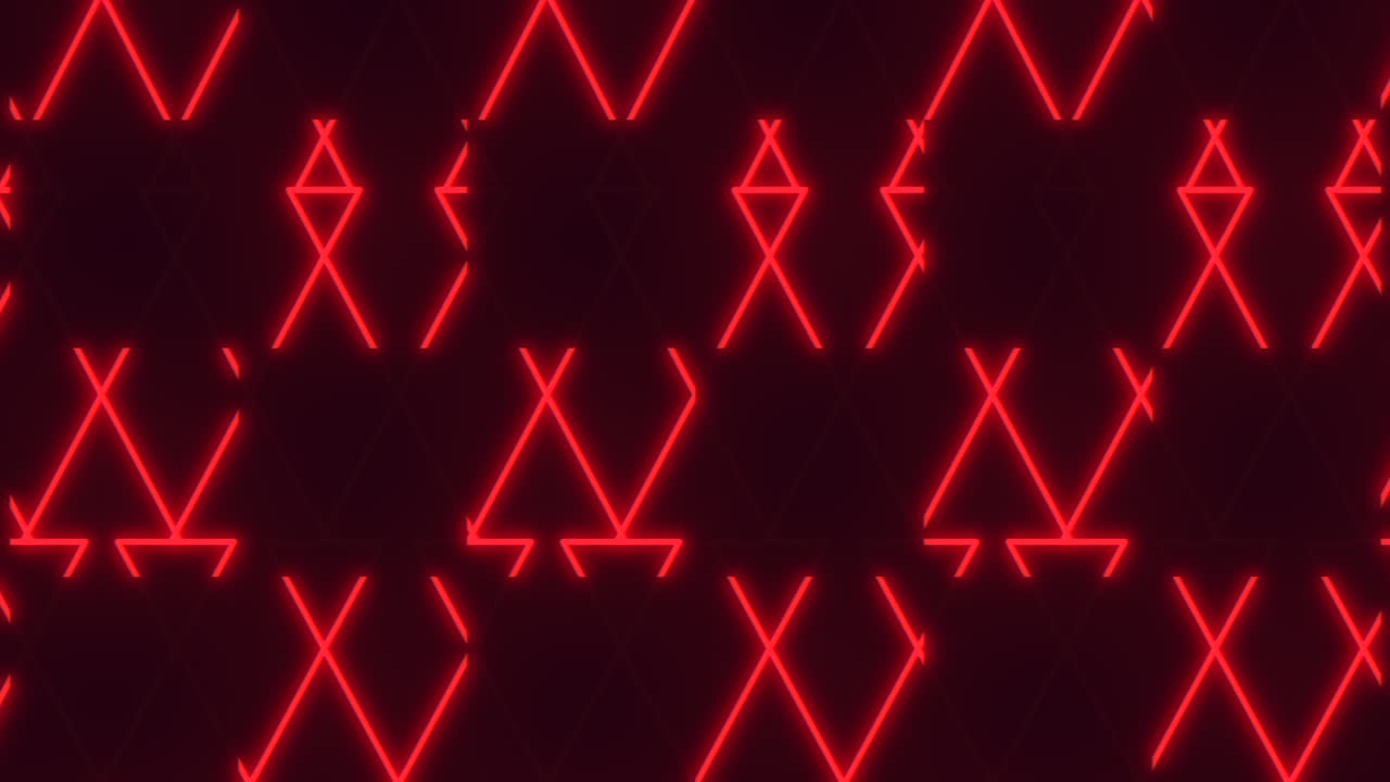 A mesmerizing display of red neon lights forming a diagonal pattern with triangular shapes on a black background, creating a vibrant and glowing visual spectacle