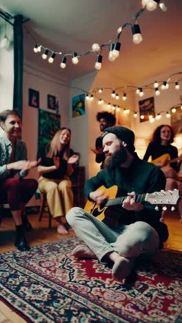 friends playing music at a casual house party