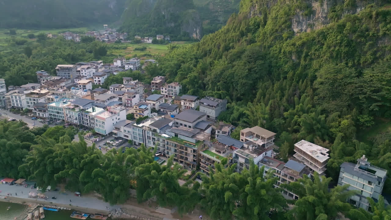 Aerial view of riverside homes at the Li river in Xingping ancient town, China