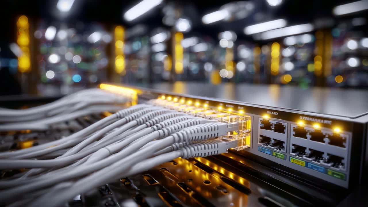 Advanced Networking Equipment with Ethernet Cables and Illuminated Ports in a Data Center Environment, Showcasing High-Tech Connectivity Solutions