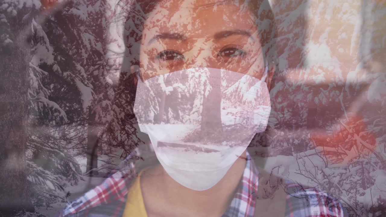 animación de una mujer con una máscara facial contra un paisaje de invierno