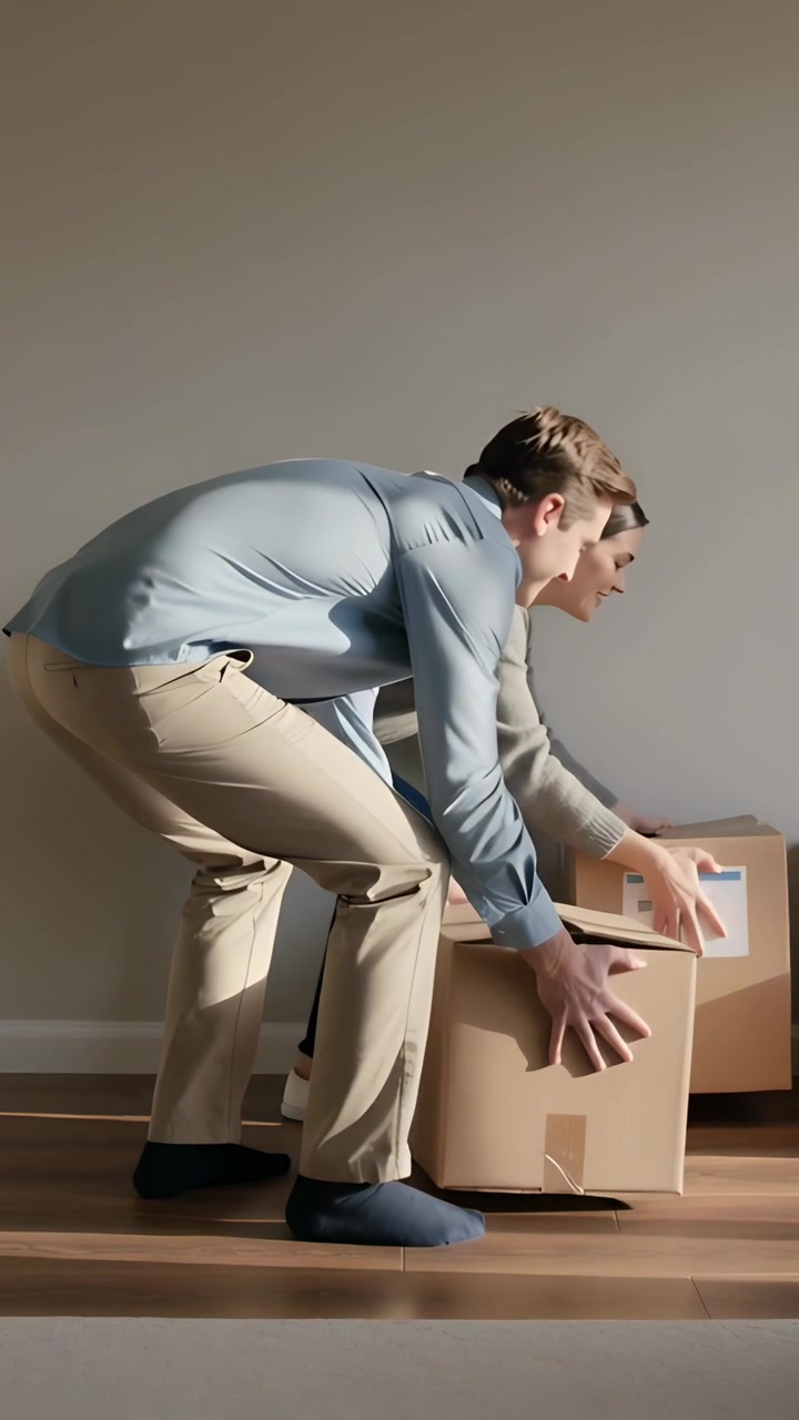 Vertical video: Entering room couple lowering moving boxes on hardwood floor, unpacking taped box