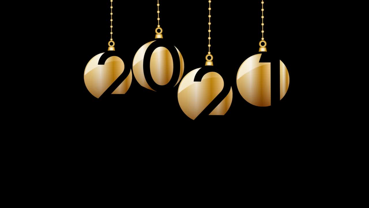 2021 Happy New Year background. Hanging golden balls and stars. Animation 4k with black chroma key