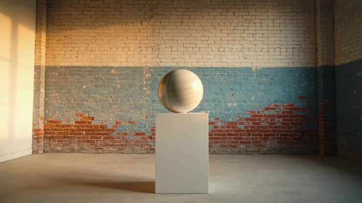 Sfera metallica che si alza e ruota su un piedistallo bianco in un loft, con la luce della finestra che spazza via le ombre