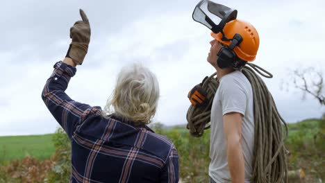 leñadores interactuando entre sí en el bosque 4k