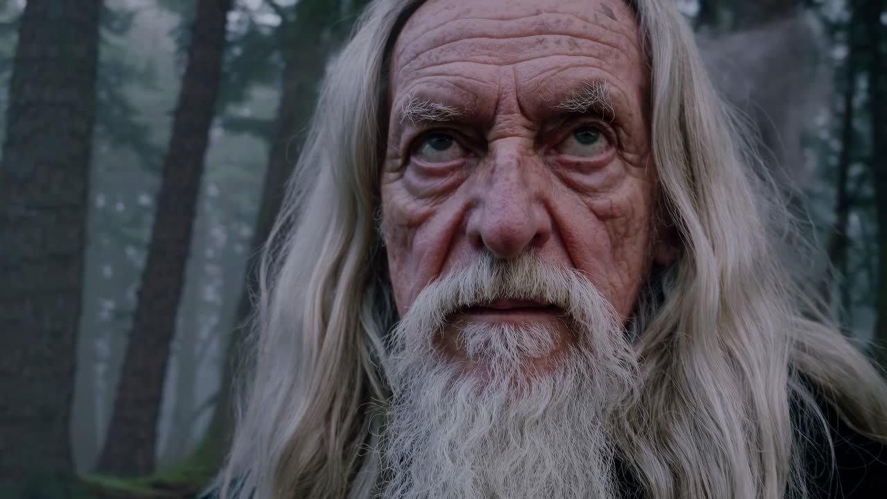 En mystisk skovscene med tårnhøje træer og tåge, fanget fra en lav vinkel, skaber en uhyggelig stemning.