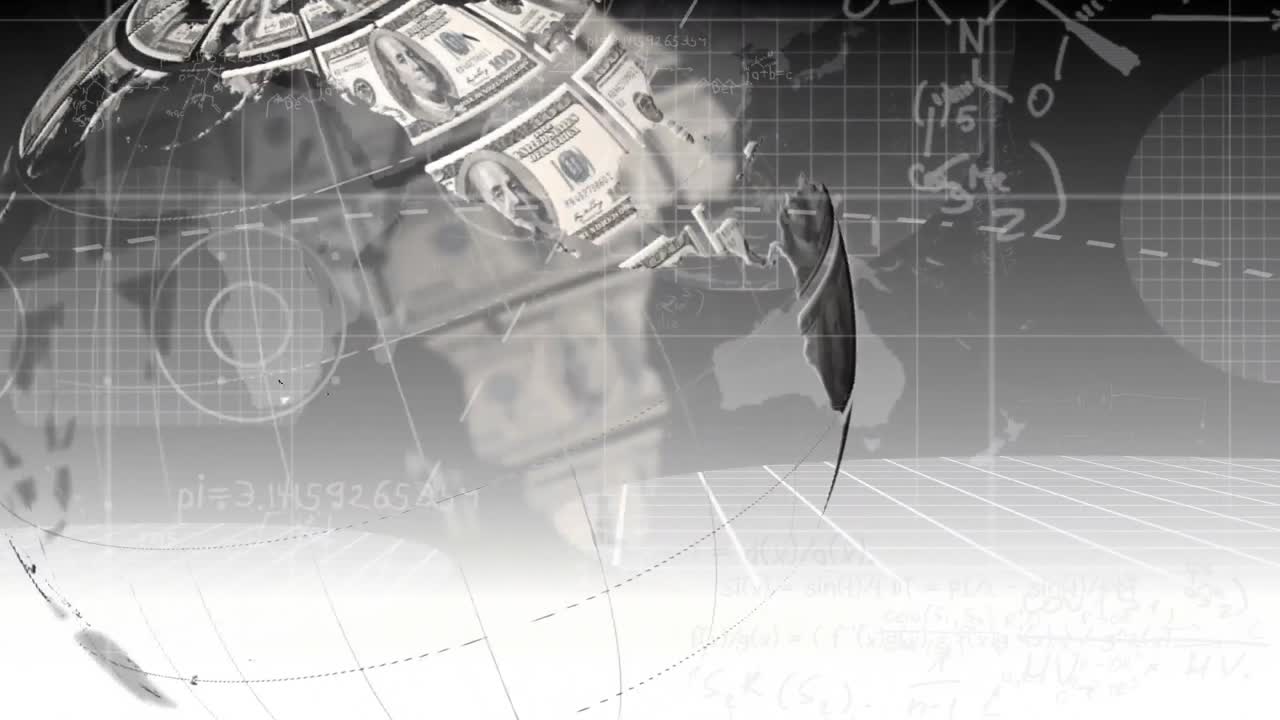 미국 달러 지폐와 금융 데이터 처리로 형성 된 지구의 애니메이션
