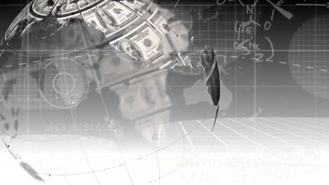 animación del globo formado con billetes de dólares estadounidenses y procesamiento de datos financieros