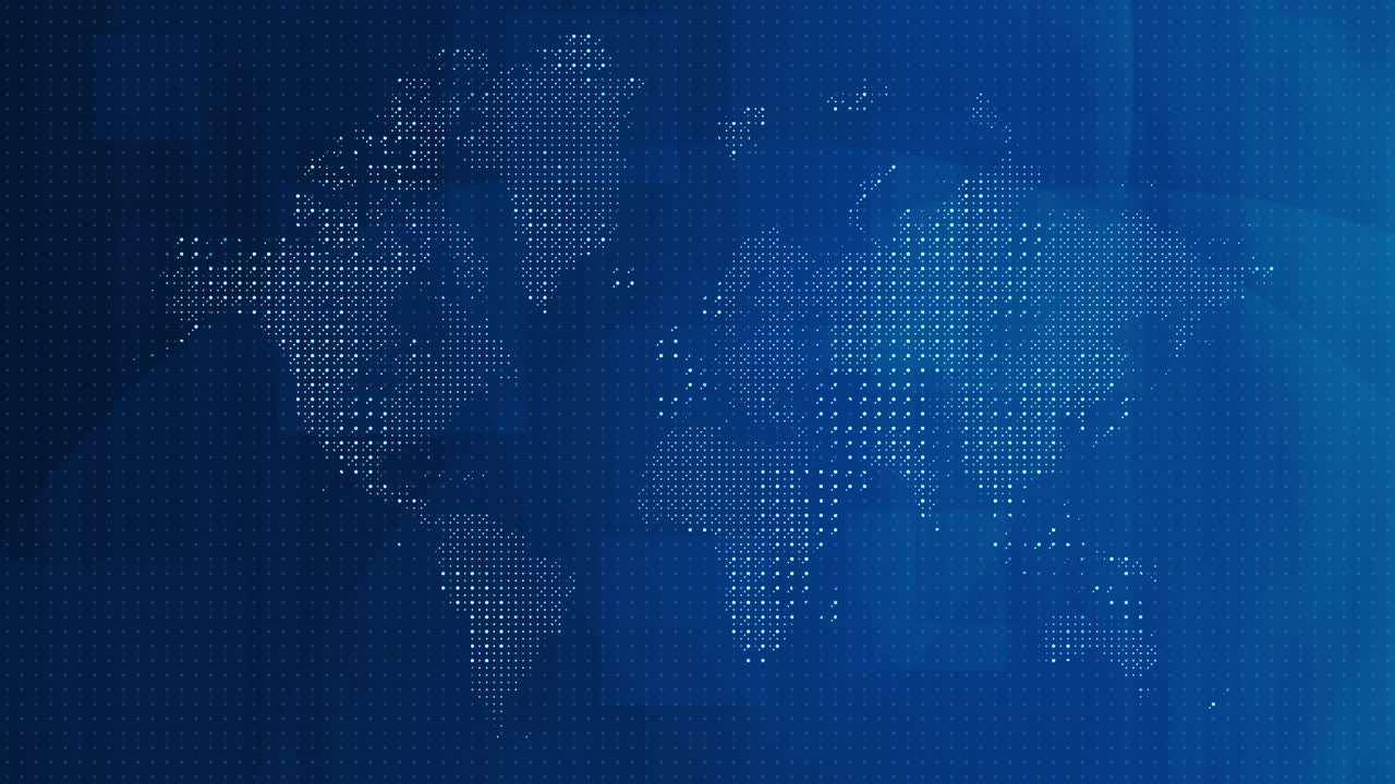 Animated dotted world map with geometric shapes and glowing effects on blue background, global connectivity, international news