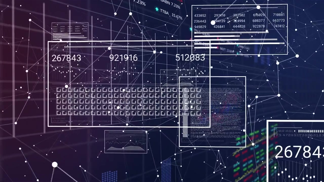 Responding to data feed, keyboard UI updating numbers on wireframe-panels, moving nodes in 3D space