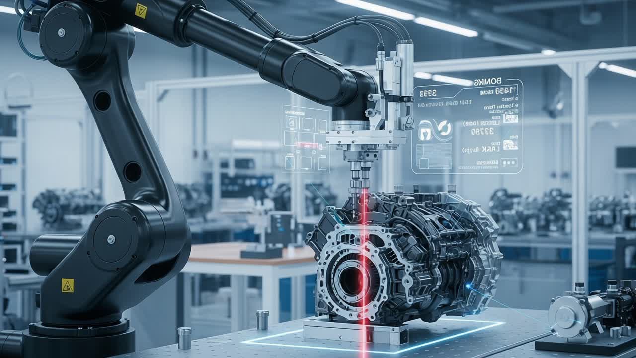 Advanced Robotics in Action: A State-of-the-Art Robotic Arm Assists in Precision Engine Assembly Within a Modern Manufacturing Facility