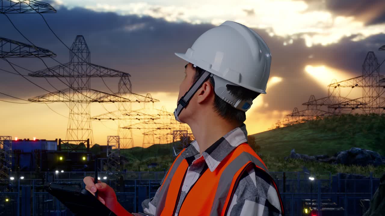 Close Up Side View Of Asian Male Engineer With Safety Helmet Taking Note On The Tablet And Looking Around While Standing Near High Voltage Tower