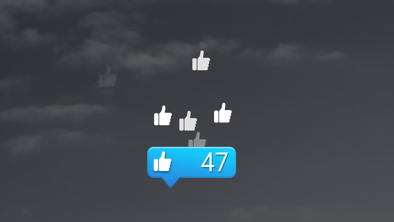 Animazione di icone con pollice in su con 47 notifiche su uno sfondo di cielo nuvoloso.