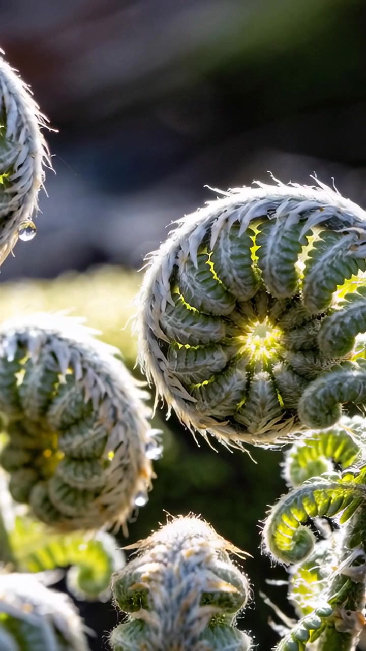 Video verticale: Luce solare intensa che fa srotolare una fronda di felce arrotolata in giardino, rivelando i tricomi.