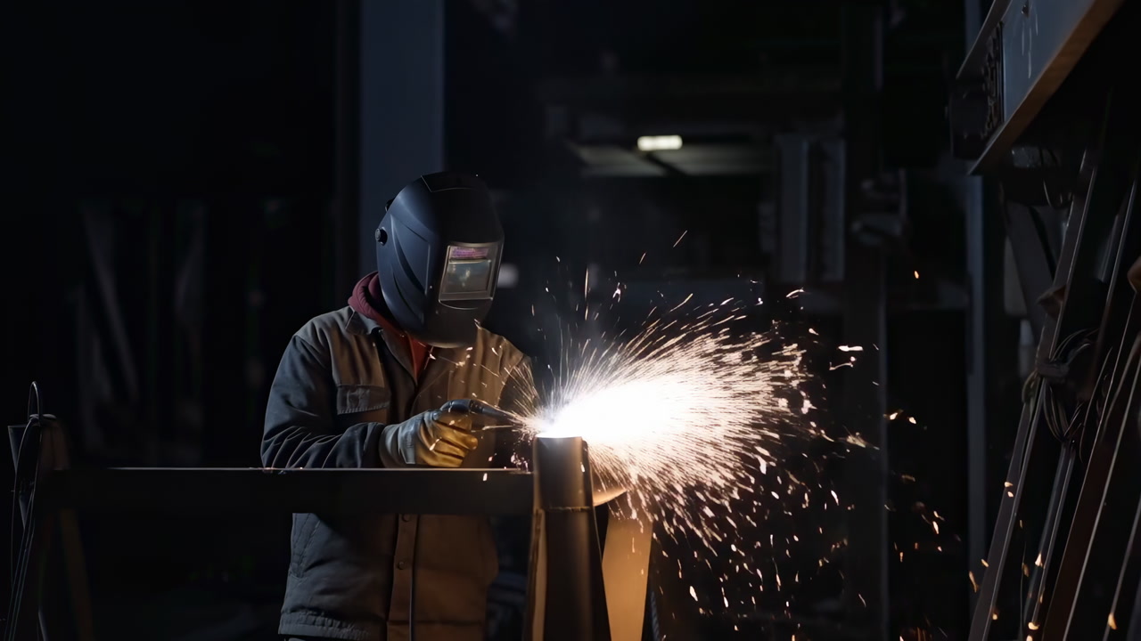 Welder Cutting Steel With Sparks In Dim Factory, Helmeted Operator Creates Dramatic Spark Shower With Torch,