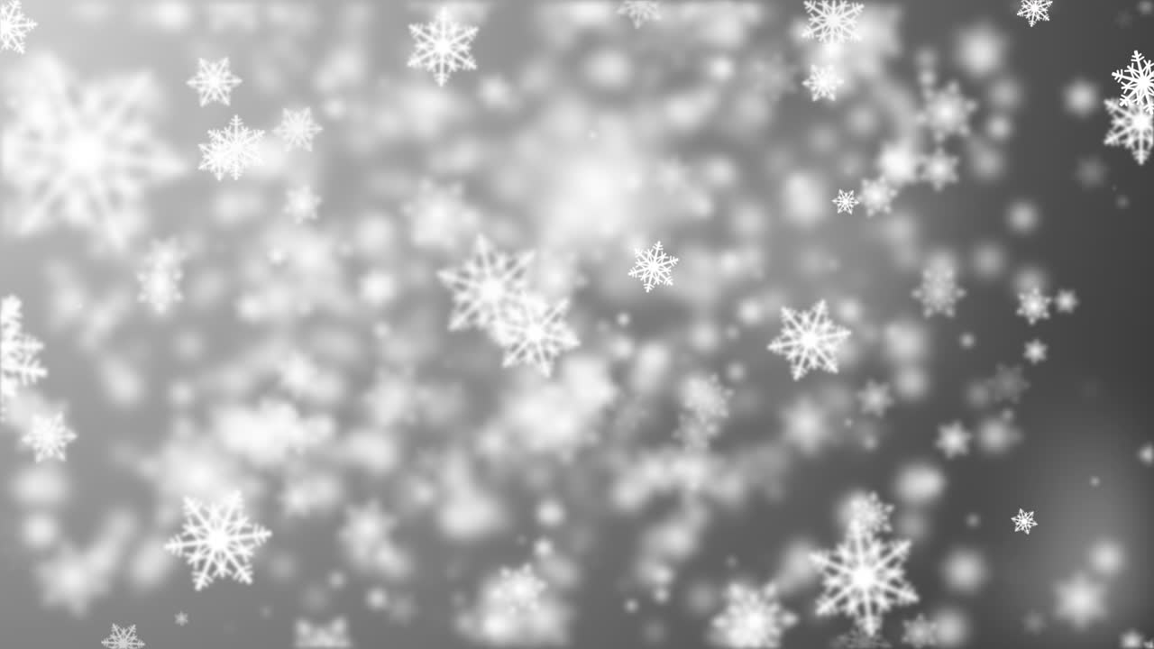 caída de copos de nieve blancos y luces bokeh con luz en fondo gris. fondo de navidad de bucle 4k 3d. celebración, acción de gracias, feliz navidad, vacaciones, invierno, año nuevo, copo de nieve, festivo, copo de nieve.