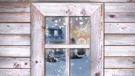animation of snow falling and christmas fireworks with house in winter scenery seen through window