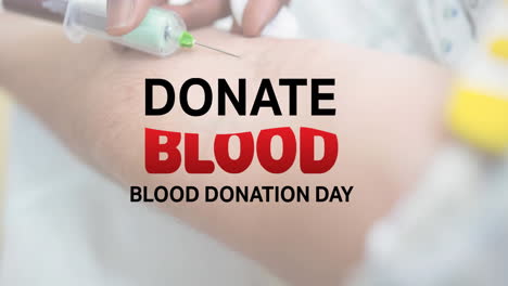 animation of donate blood blood donation day text over doctor taking blood sample