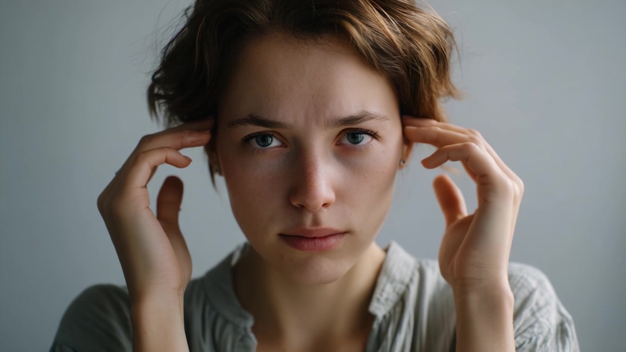 Una donna con un'espressione sofferente si tiene la testa, trasmettendo profonde emozioni e difficoltà, evidenziando la pressione mentale e gli effetti dello stress sul benessere