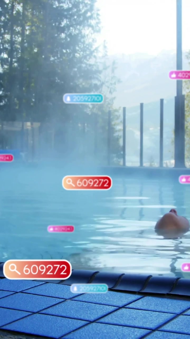 Swimming in pool, person surrounded by floating data tags animation