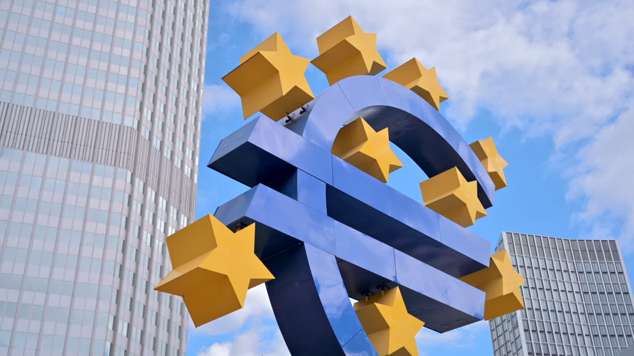 Frankfurt, Germany - 14 September, 2022: Blue euro sign in front of the European Central Bank