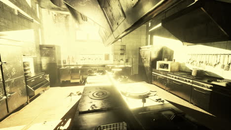 abandoned sunlit industrial kitchen