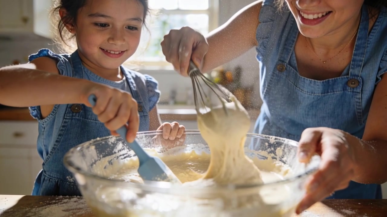 Whisking, child lifting spatula, mom and girl scraping batter for cake in blue aprons at home