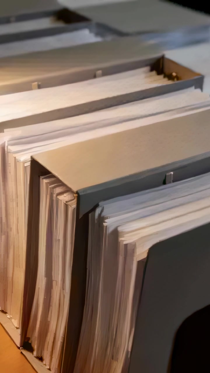 Vertical video: Starting camera panning gray metal file holders with white papers on wooden desk