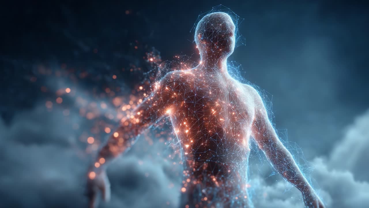 Visual Representation of a Digital Human Figure Emanating Energy and Connectivity, Illustrating Fusion of Technology and Humanity in a Surreal Atmosphere