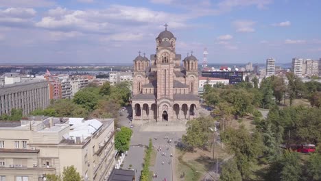 Beautiful-static-still-4k-aerial-shot-of-St-Mark-Church,-Belgrade,-Serbia