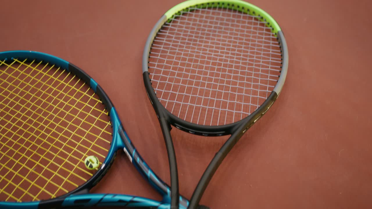 코트 에 있는 테니스 라켓 과 공