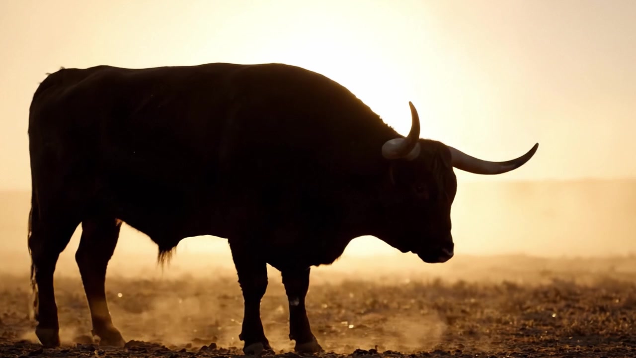 Maestosa silhouette di un toro contro un orizzonte retroilluminato al tramonto, che cattura l'essenza della vita rurale e della bellezza naturale in un ambiente sereno.
