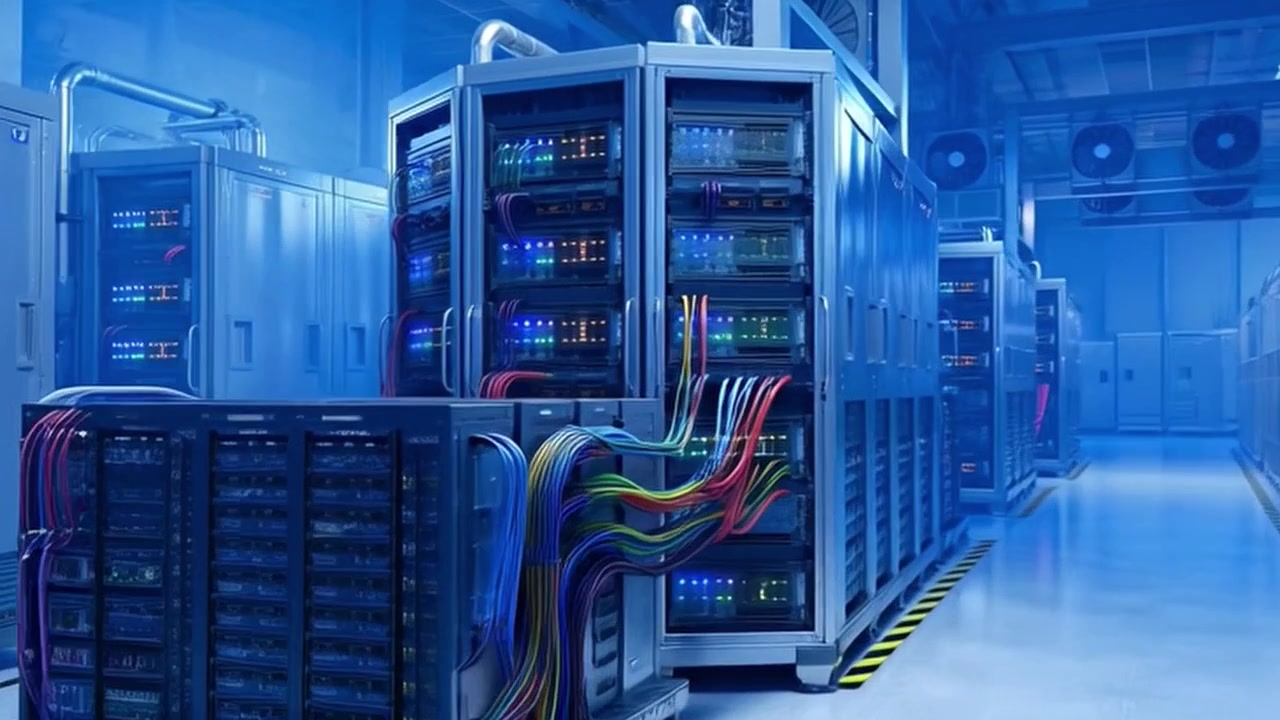 Dolly-skud bevæger sig gennem et moderne datacenter serverrum
