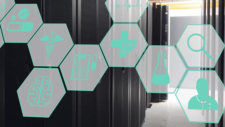 Animation of network of medical icons and data processing over computer servers