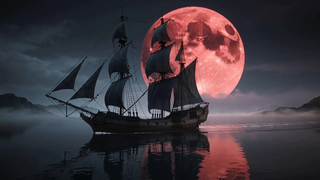 Vascello a più alberi che scivola, rispondendo alla luna rossa che sorge su un mare calmo e specchiato di notte