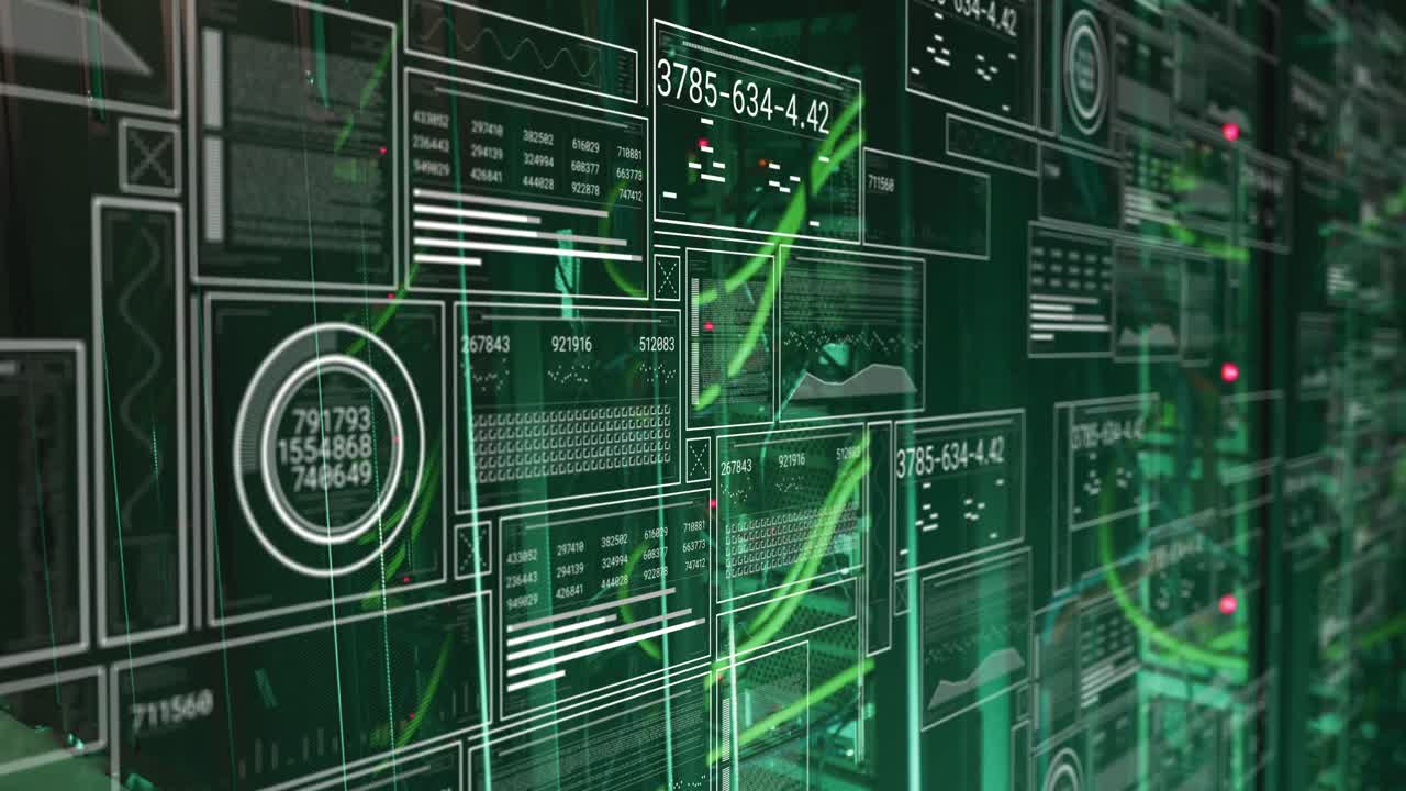 animación de gráficos, barras de carga y círculos con números cambiantes sobre los estantes de servicio.