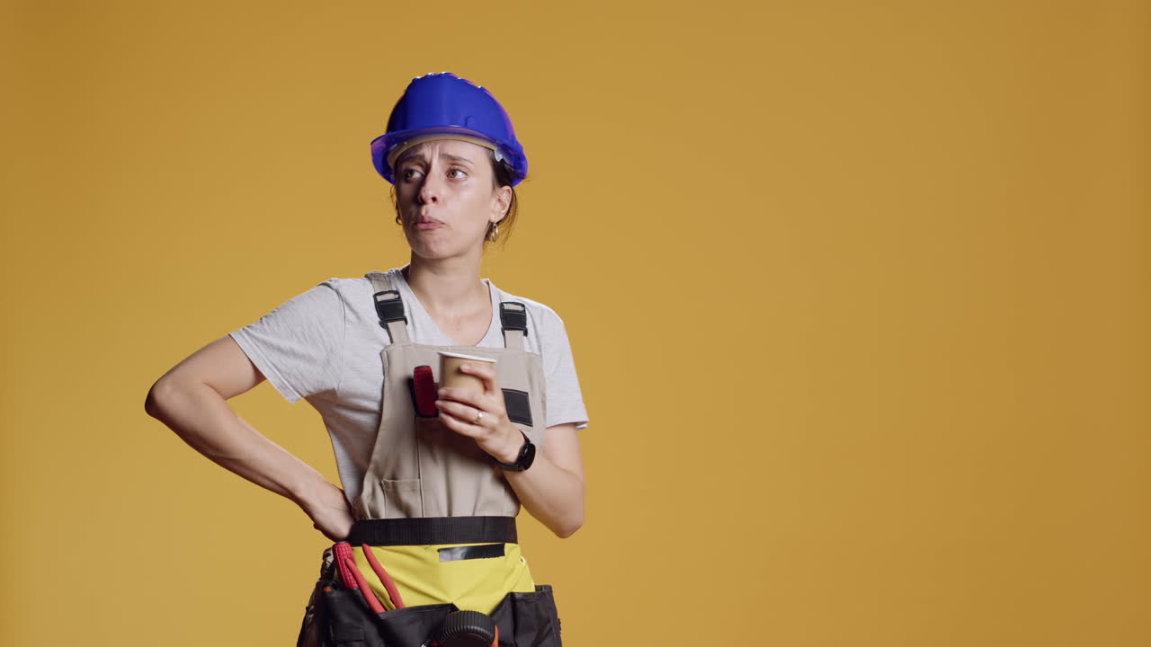 Portrait of powerful constructor drinking cup of coffee