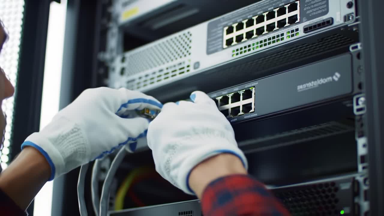 Technician Installing Network Switches in a Data Center: Ensuring Reliable Connectivity Through Cable Management and Hardware Setup for Optimal Performance