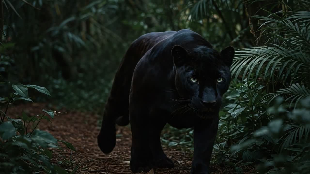 Majestic Black Panther Stalking Through Lush Jungle Terrain, Capturing the Essence of Wildlife's Elegance and Power in a Dense, Verdant Environment