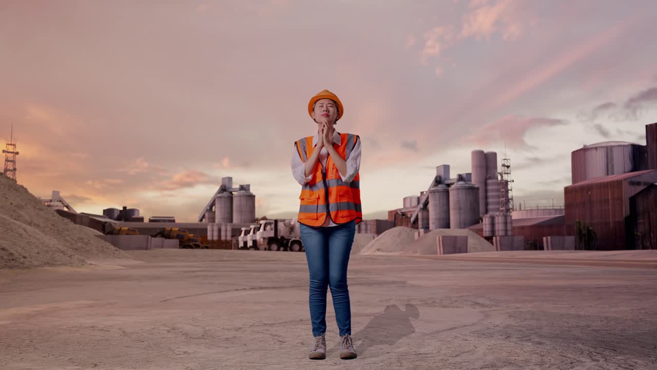 Cuerpo entero de ingeniera asiática con casco de seguridad rezando por algo mientras está de pie en una planta de cemento industrial con camiones mezcladores al atardecer.